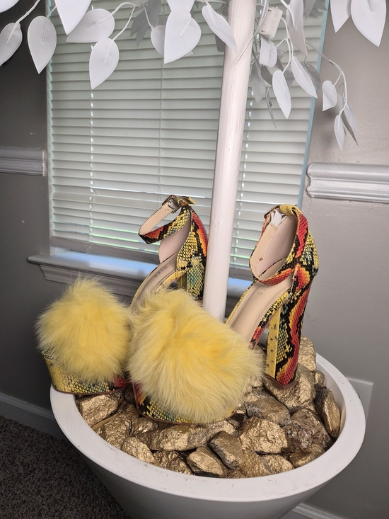 Azalea Wang Shoes - Yellow Snake-Print Platform Heels with Yellow Fur Pom